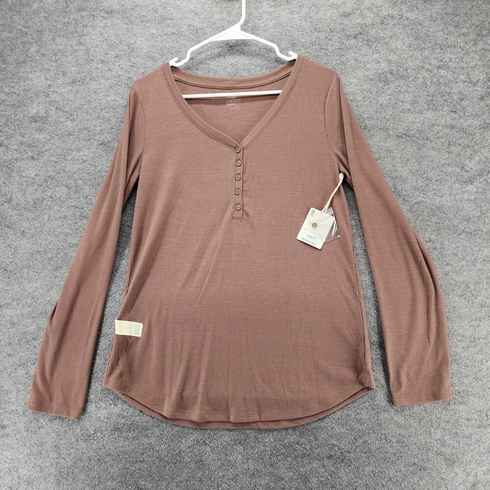 ANA A New Approach Shirt Womens Large Long Sleeve Brown Ribbed Henley